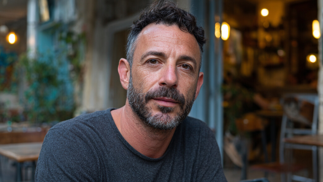 גבר יושב בבית קפה ומסתכל למצלמה