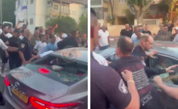 המונים תוקפים את ח"כ איימן עודה ברכבו בדרכו להפגנה (צילום: שימוש לפי סעיף 27א' לחוק זכויות יוצרים)