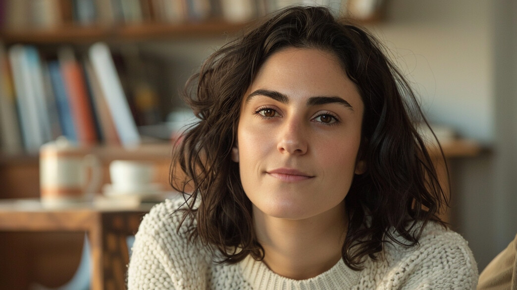 אישה יושבת בסלון ומסתכלת למצלמה