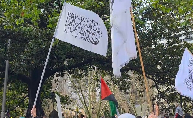 דגלי הטליבאן בהפגנה הפרו-פלסטינית בסידני, אוסטרליה (צילום: שימוש לפי סעיף 27א' לחוק זכויות יוצרים)