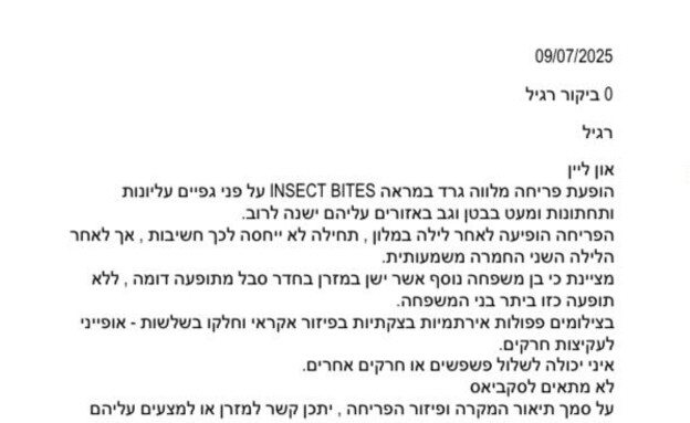 "אופייני לעקיצות חרקים": אבחנת הרופא "אופייני לעקיצות חרקים": אבחנת הרופא