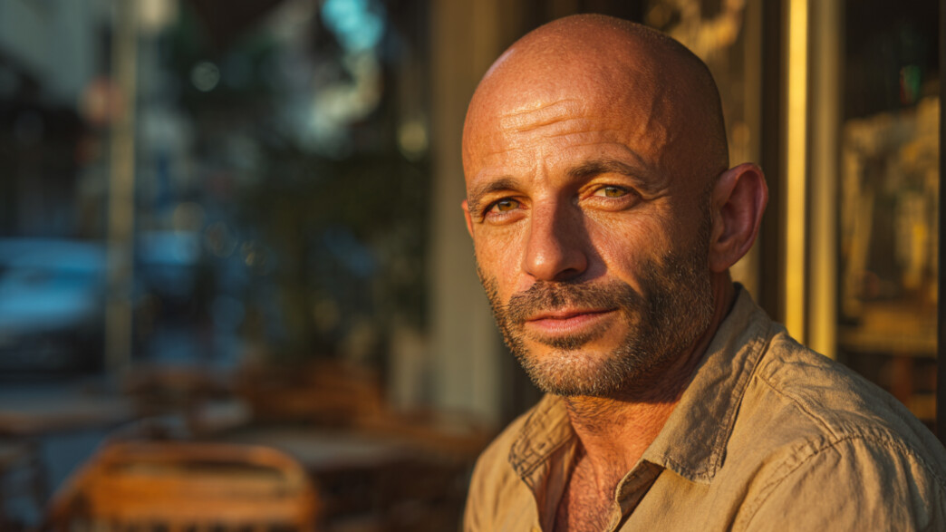 גבר יושב בבית קפה