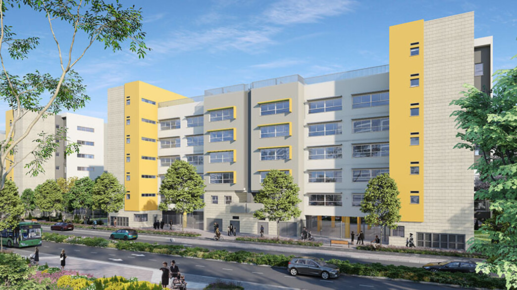 עיר צפופה זוג בתי ספר בקמפוס חזית לרחוב