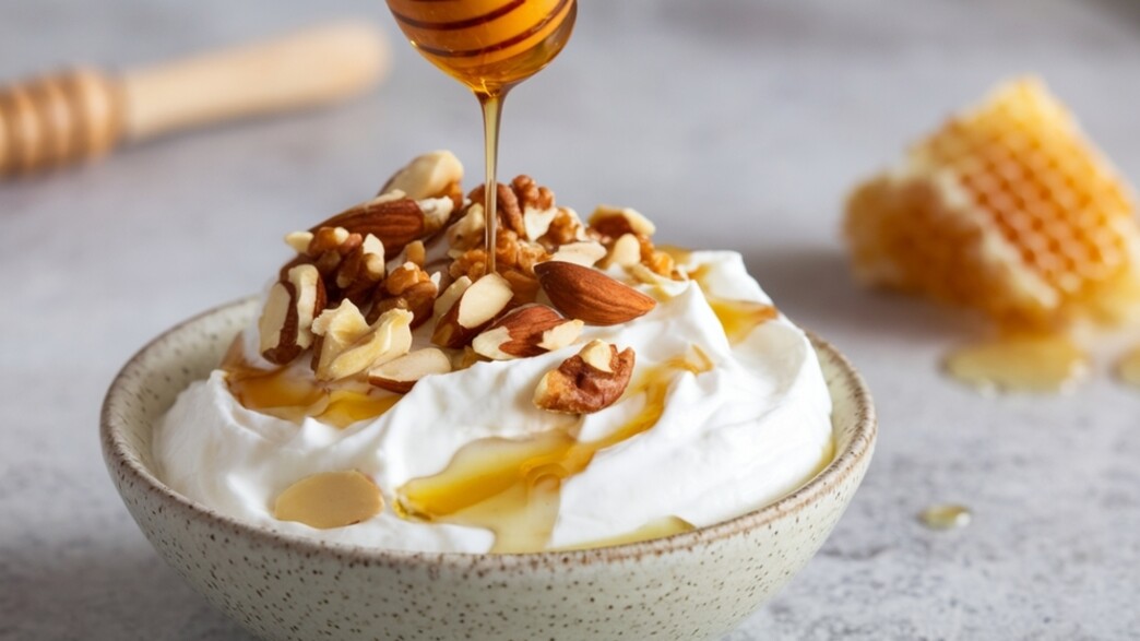 קערת יוגוורט עם דבש אגוזים ושקדים קערת יוגוורט עם דבש אגוזים ושקדים