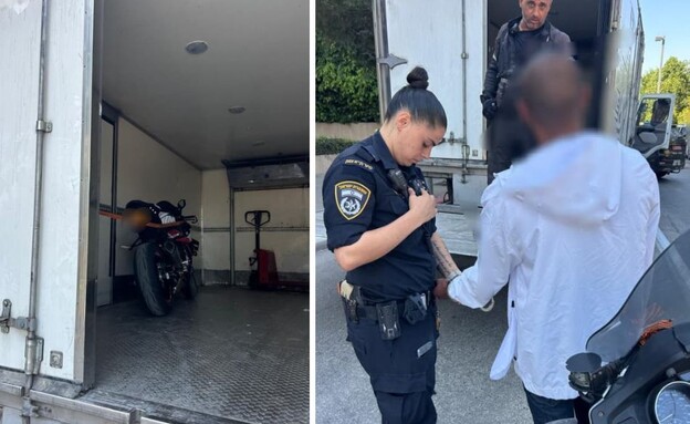 האופנוע הגנוב ומעצר החשודים (צילום: דוברות המשטרה)