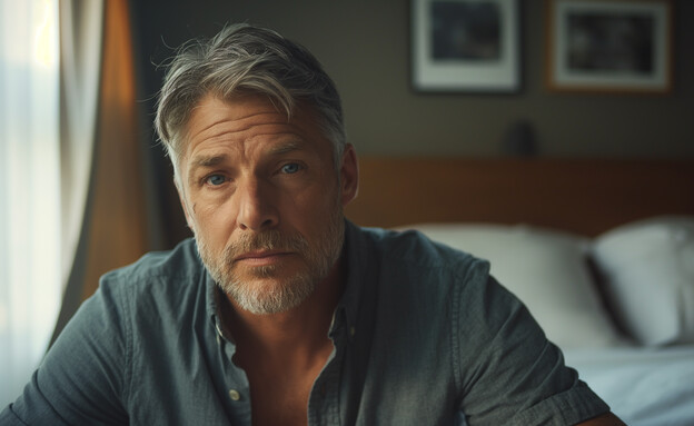 גבר יושב על מיטה ומסתכל למצלמה (AI: mako)