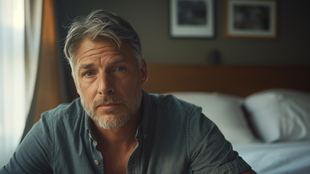 גבר יושב על מיטה ומסתכל למצלמה גבר יושב על מיטה ומסתכל למצלמה