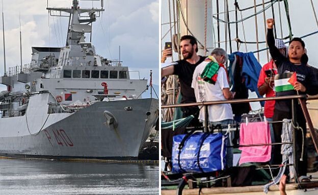 פעילים פרו פלסטינים, ספינת חיל הים האיטלקי (צילום: MOHAMED FLISS/AFP | John Keeble/Getty Images)