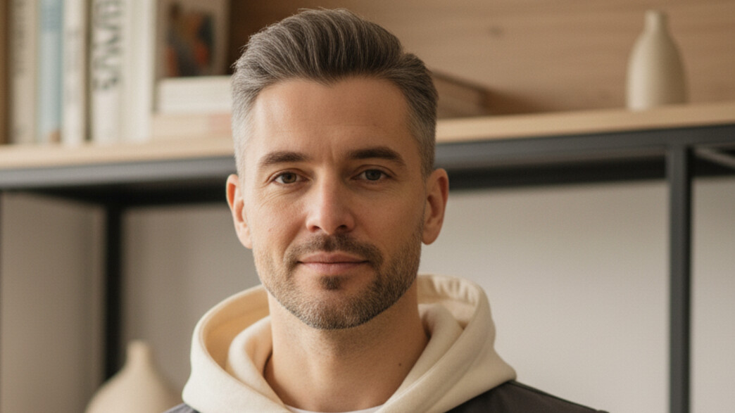 גבר עומד ליד מדף ספרים ומסתכל למצלמה