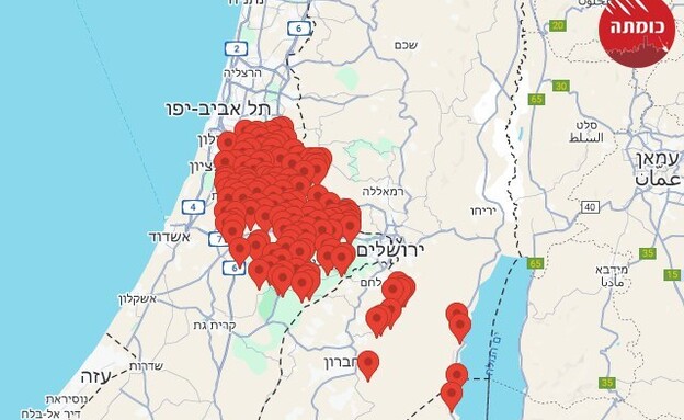 מפת האזעקות בעקבות שיגור הטיל מתימן (צילום: כומתה)