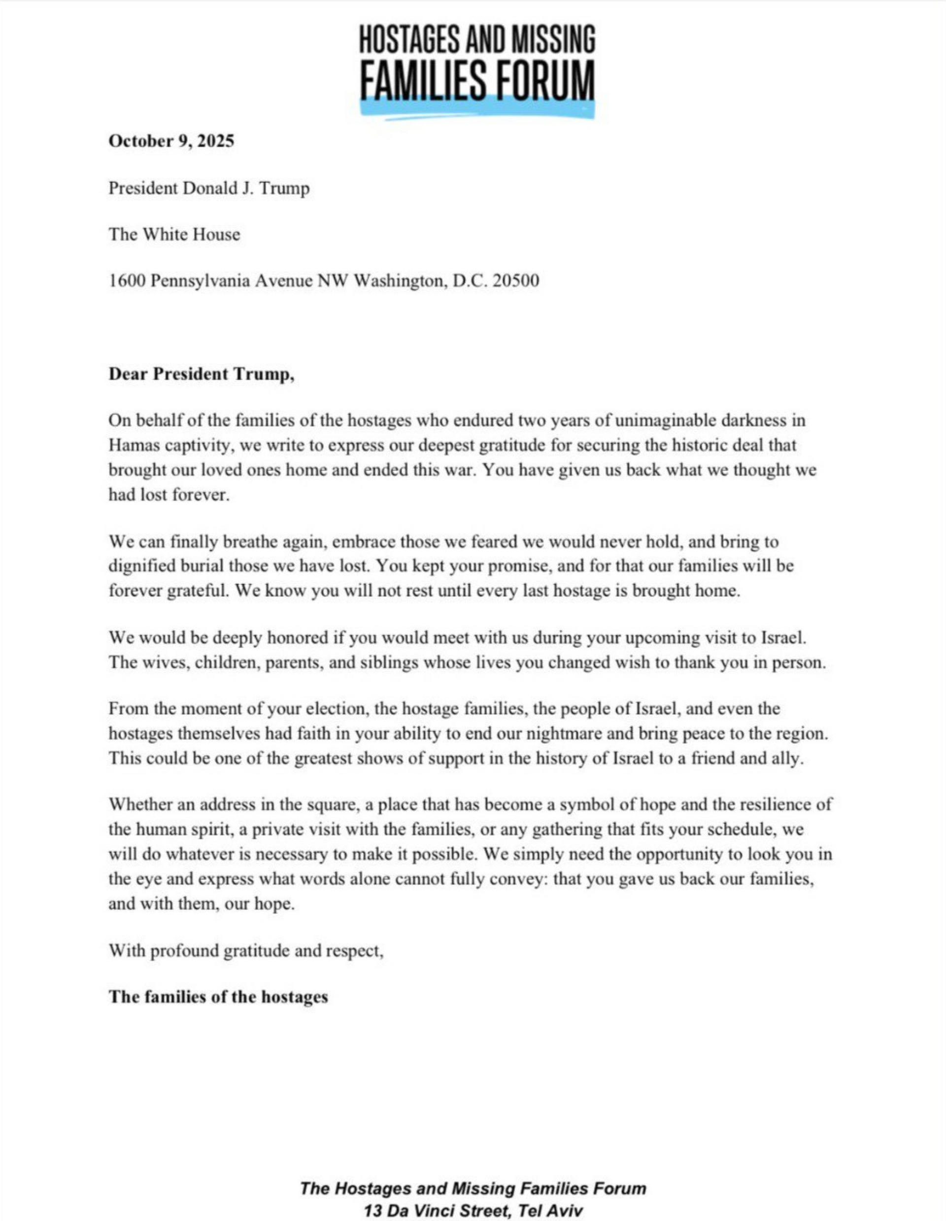 מכתב מטה המשפחות לנשיא טראמפ