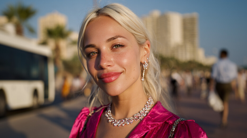 אישה בלבוש ורוד מסתכלת למצלמה אישה בלבוש ורוד מסתכלת למצלמה