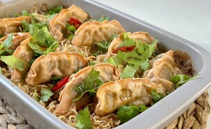 גיוזה ואטריות ברוטב חמאת בוטנים וחלב קוקוס (צילום: יעל קצב)