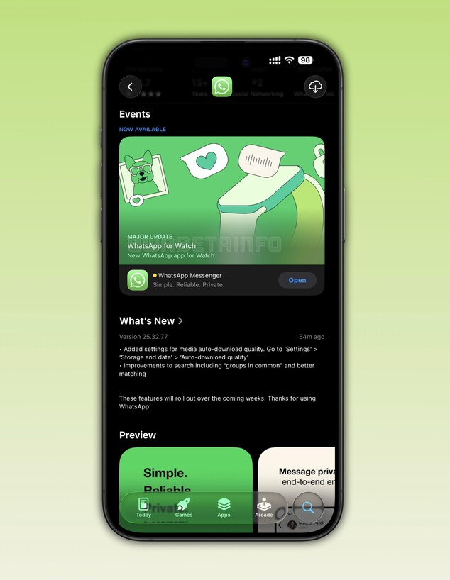 אפליקציית וואטסאפ בשעון החכם של אפל