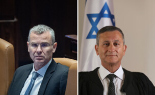 השופט בדימוס יוסף בן חמו ושר המשפטים יריב לוין (צילום: יונתן זינדל, פלאש 90, משרד המשפטים)