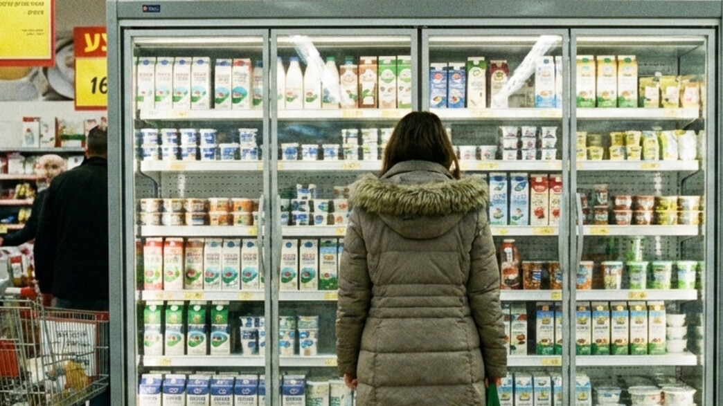 אישה עומדת מול מקרר מוצרי חלב בסופרמרקט אישה עומדת מול מקרר מוצרי חלב בסופרמרקט