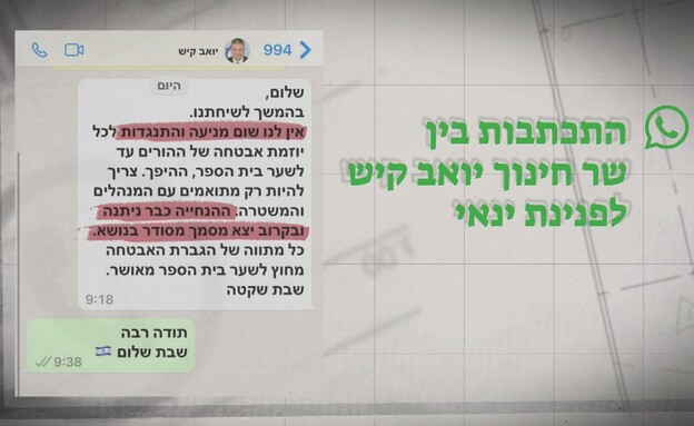 התכתבות בין שר החינוך יואב קיש לעו"ד פנינת ינאי