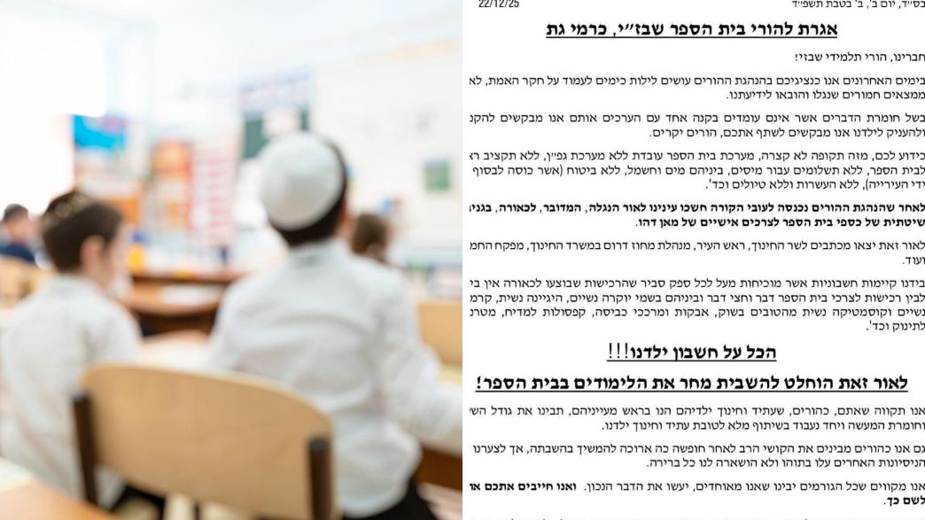 המכתב ששלחו הורי בית הספר שב"זי בקריית גת להנהלה