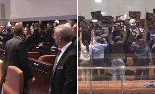 חברי הכנסת ומשפחות מועצת אוקטובר מפנים את הגב (צילום: ערוץ כנסת)