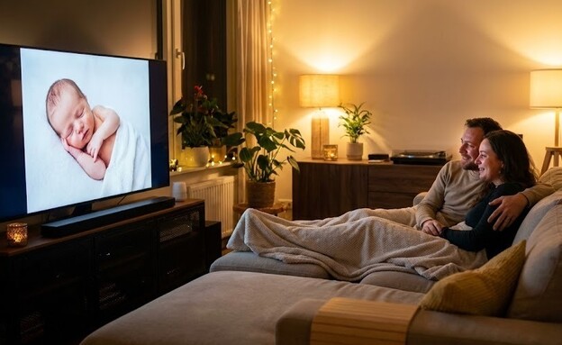 זוג צופה בתמונה מהנייד בטלוויזיה חכמה, אילוסטרציה