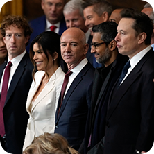 מארק צוקרברג, ג'ף בזוס, סונדאר פיצ'אי ואילון מאסק בשבעת טראמפ (צילום: AP)