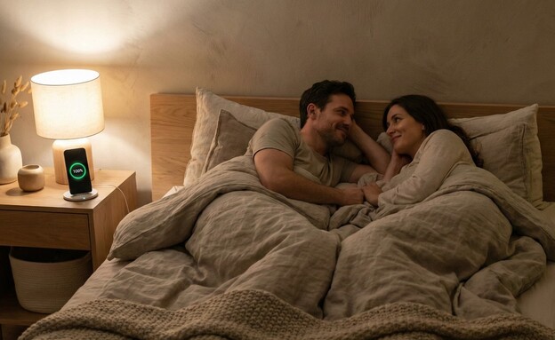 זוג במיטה מטעין את הנייד (צילום: AI)