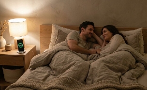זוג במיטה מטעין את הנייד (צילום: AI)