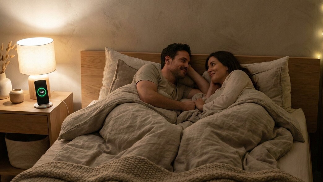 זוג במיטה מטעין את הנייד