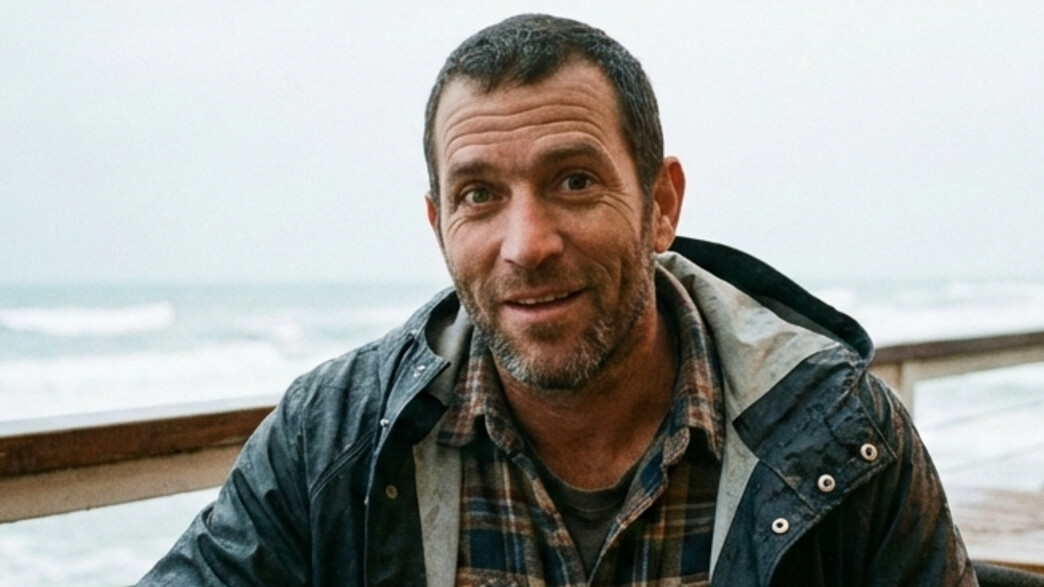 גבר יושב בבית קפה ליד הים