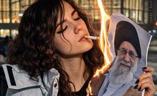 אישה איראנית שורפת תמונת חמינאי עם סיגריה בקנדה אישה איראנית שורפת תמונת חמינאי עם סיגריה בקנדה