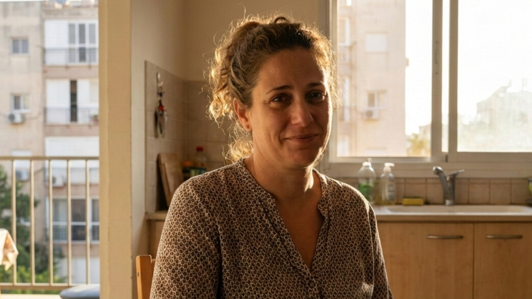 אישה יושבת במטבח ביתה ומסתכלת למצלמה