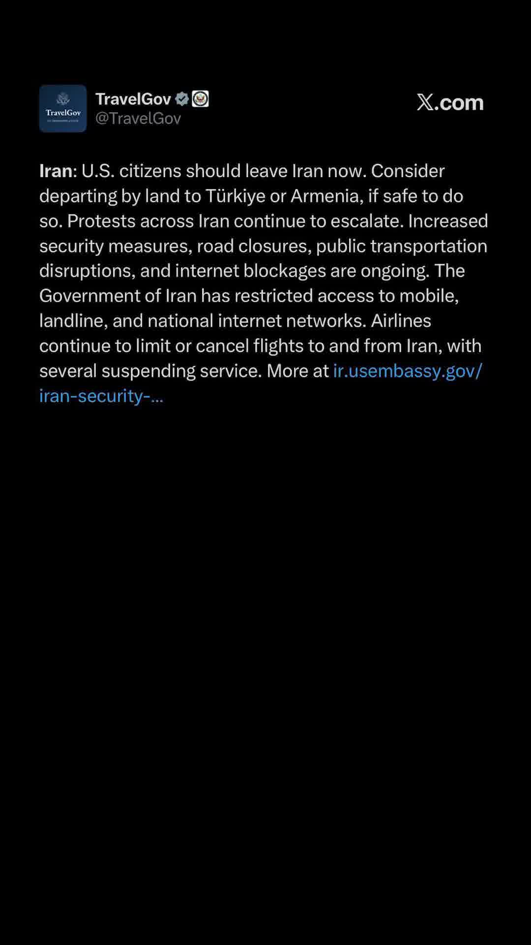 קריאה רשמית שנייה ב-24 שעות של משרד החוץ האמריקני לאזרחי ארה"ב באיראן: "תעזבו עכשיו."