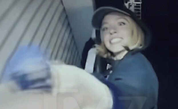 סידני סוויני מטפסת על השלט (צילום: TMZ.com)