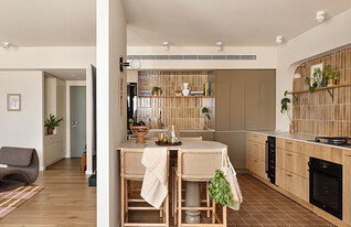 דירת הרופאים בראשלצ מבט למטבח ולכניסה לבית עיצוב  (צילום: איתי בנית)