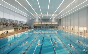 מתחם הבריכות האולימפי במרכז הספורט הלאומי בהדר יוס (הדמיה: מזור פירשט אדריכלים)