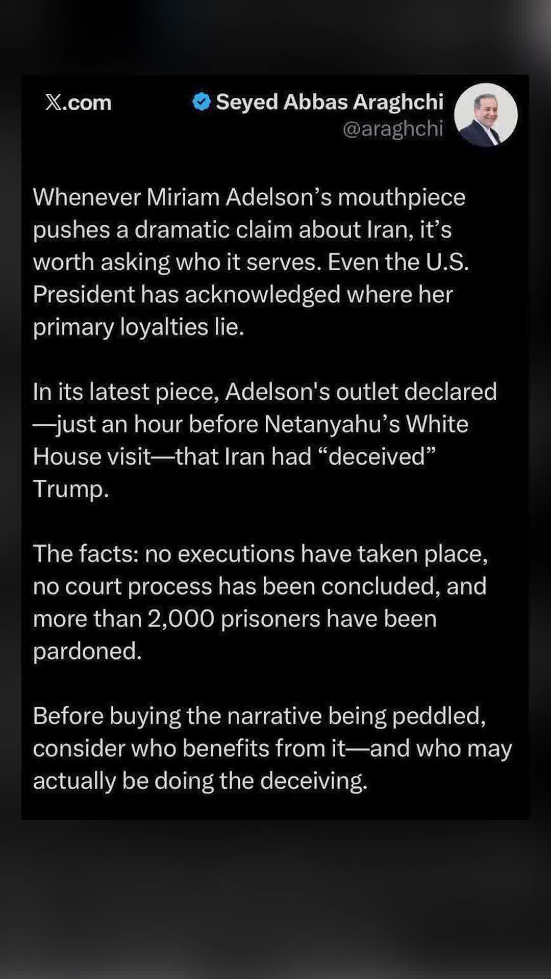 שר החוץ האיראני תוקף את מרים אדלסון ואת ישראל היום: "מפיצה טענות שקריות לגבי הוצאות להורג"