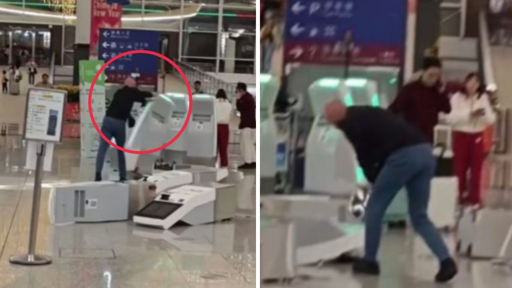 תייר בריטי משתולל בנמל התעופה של הונג קונג