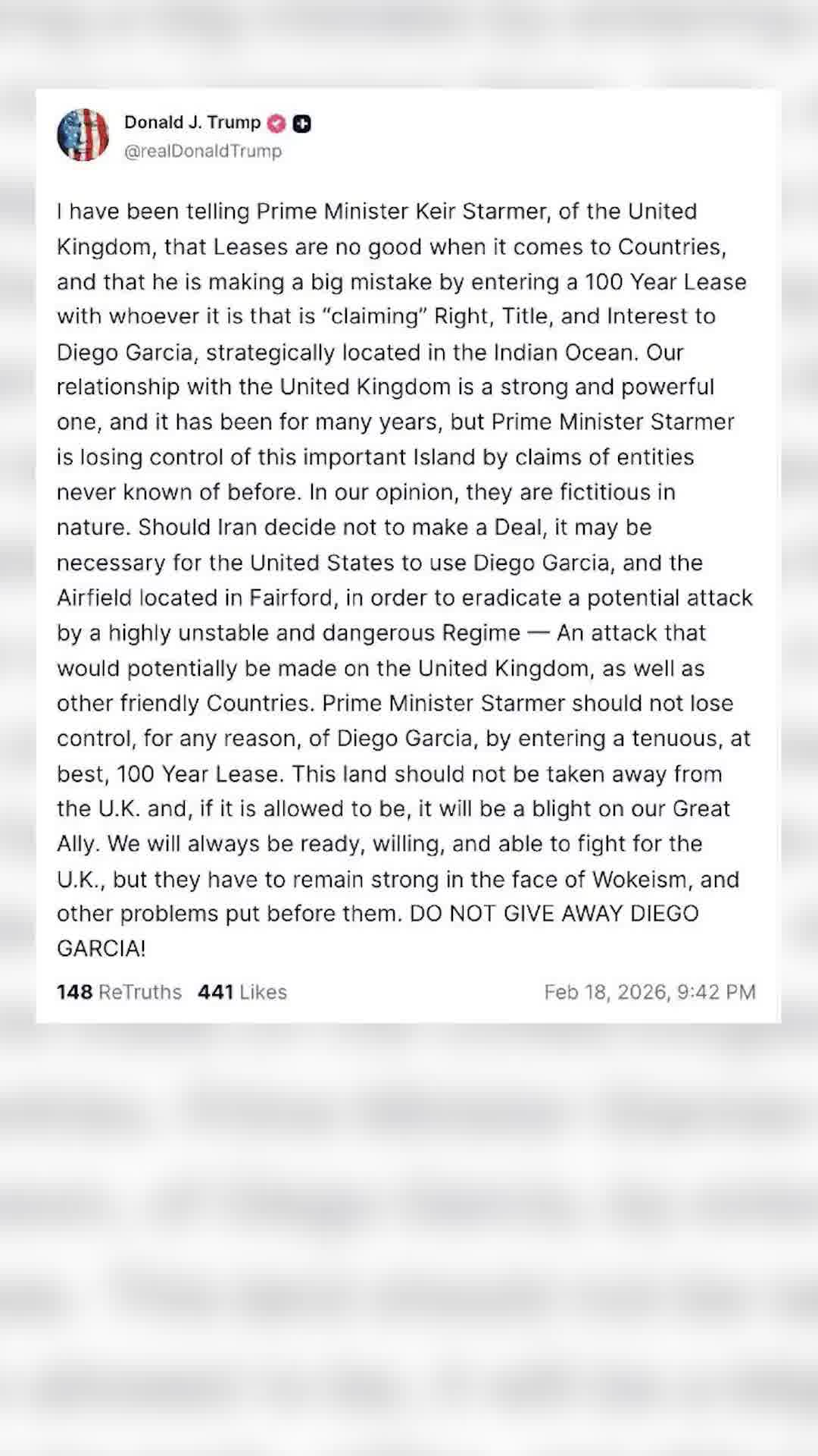 טראמפ: "אם איראן תחליט שלא לעשות עסקה, ארה"ב תצטרך להשתמש בבסיס דייגו גרסיה לנטרל מתקפה"