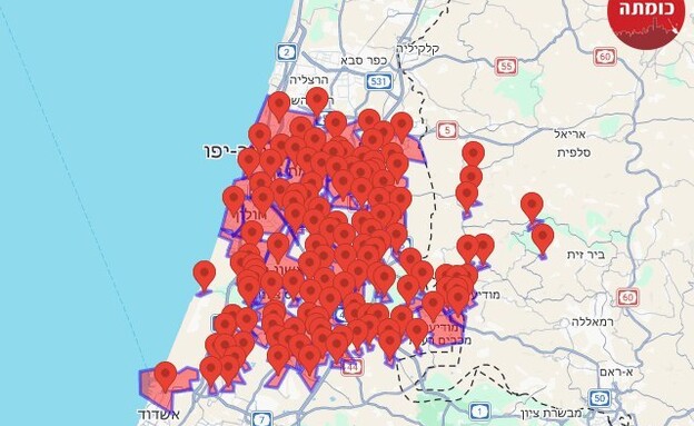 מפת האזעקות במרכז ובדרום