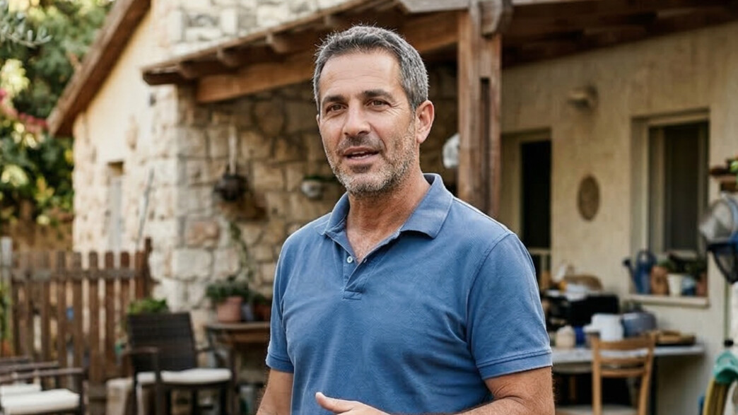 גבר עומד בחצר הבית שלו