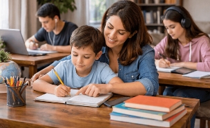 אמא וילד לומדים ביחד בבית (AI: mako)