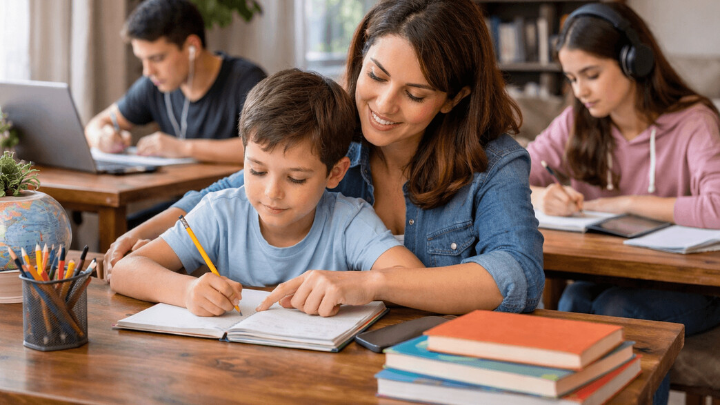 אמא וילד לומדים ביחד בבית