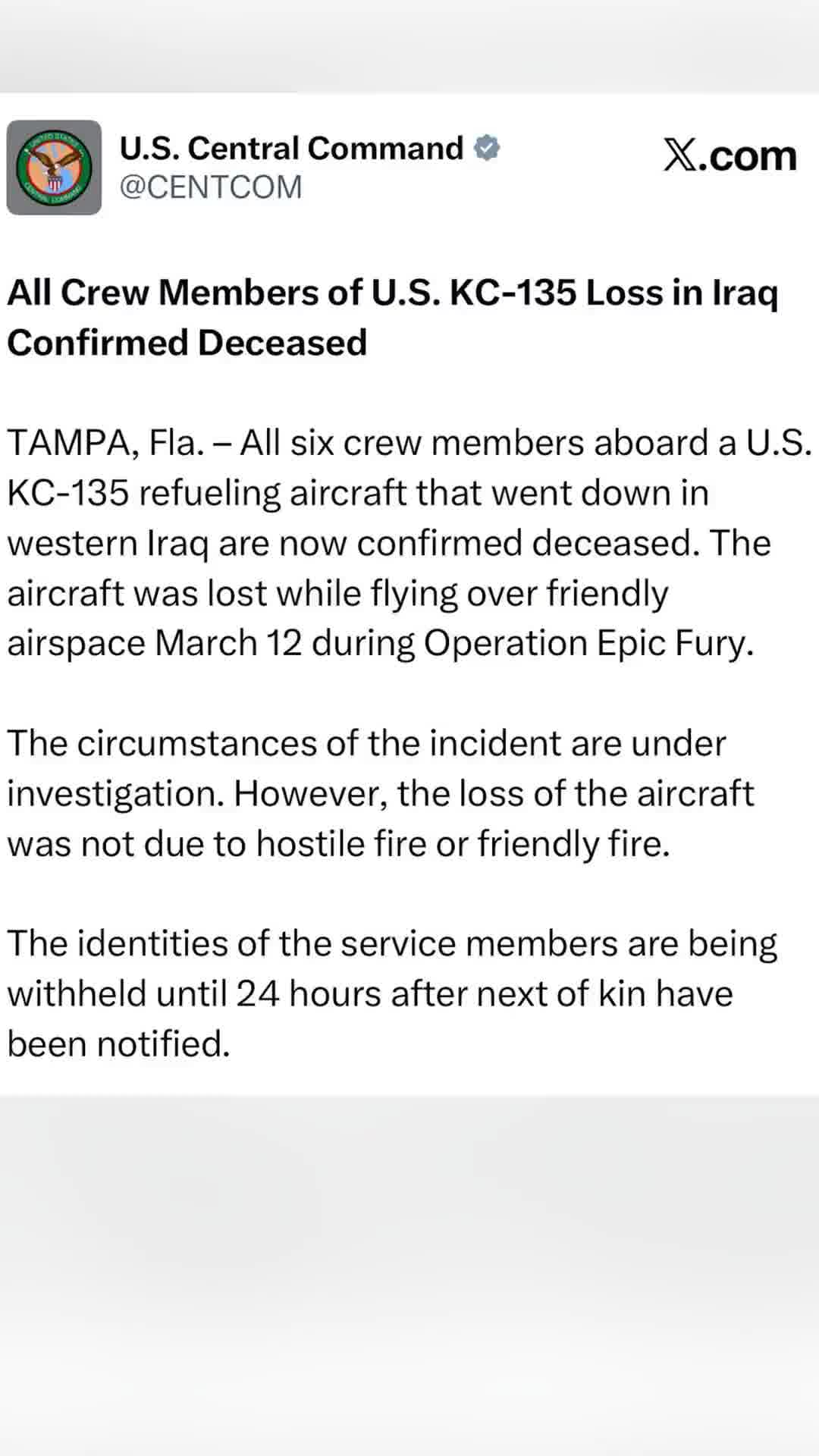 פיקוד המרכז של ארה"ב מודיע כי כל 6 חברי הצוות של מטוס KC-135 שהתרסק אינם בין החיים