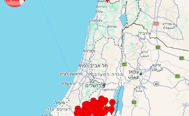 מפת אזעקות שיגורים מאיראן לדרום הארץ והגליל המערבי