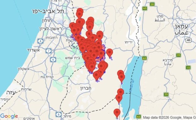 מפת האזעקות מתימן אל עבר אזור ירושלים וים  המלח