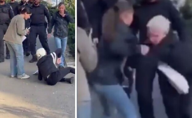 קצינת המשטרה דוחפת את מפגינה מבוגרת בכנסת