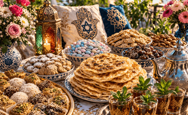 שולחן מימונה מסורתי עם מופלטות, עוגיות, תה ונרות  (AI: mako)