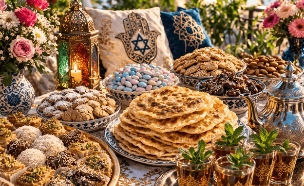 שולחן מימונה מסורתי עם מופלטות, עוגיות, תה ונרות  (AI: mako)