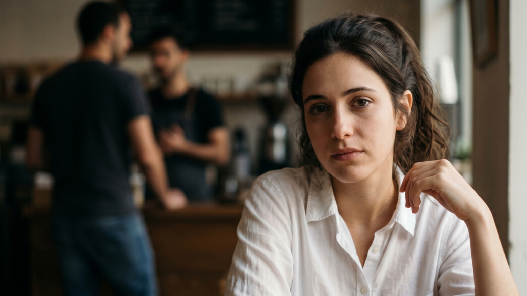 צעירה יושבת בבית קפה