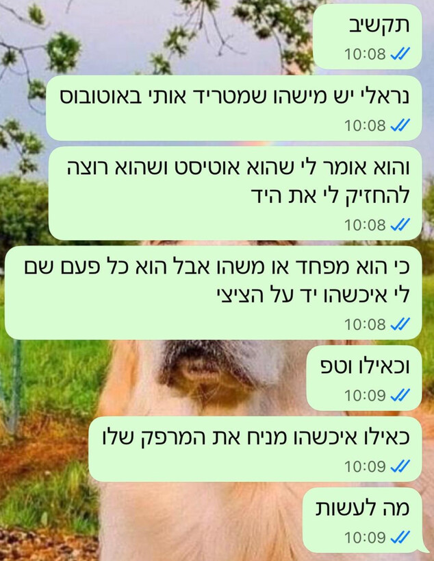 הודעה ששלחה רוני (שם בדוי), לידיד שלה כשהוטרדה באו